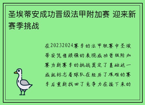 圣埃蒂安成功晋级法甲附加赛 迎来新赛季挑战